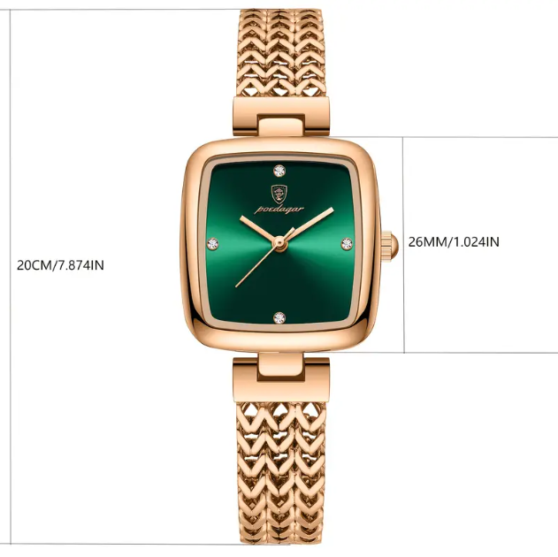 Timeless elegance meets modern sophistication with this Gold Plated Square Emerald Green Quartz Chevron Chain Watch.