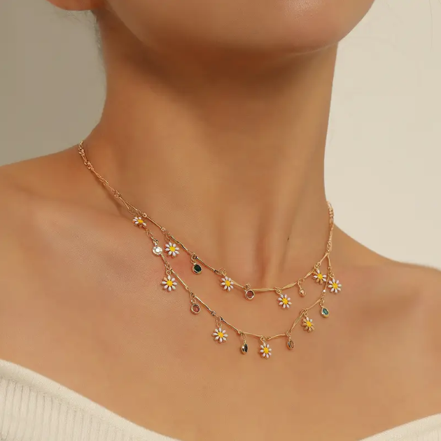 Delicate gold-plated daisy charm necklace with layered gemstone accents β perfect for spring, cottagecore.