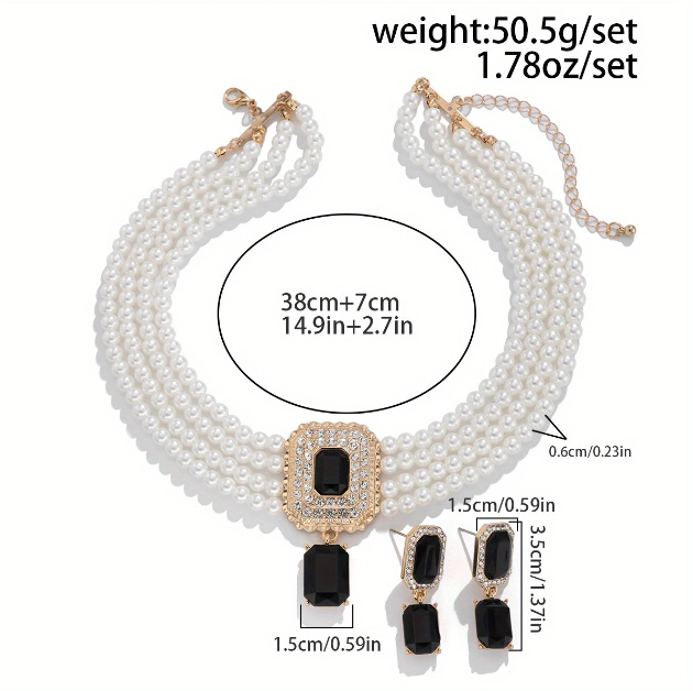 Channel timeless elegance with Mozzimo Jewelry’s 3-piece pearl choker and black gemstone earring set — bold, glamorous, and unforgettable.