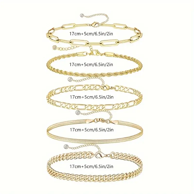 Elevate your style with Mozzimo Jewelry's 5 Piece Gold Plated Thin Chain Links Bracelet Set – perfect for layering, minimalism, and everyday elegance.