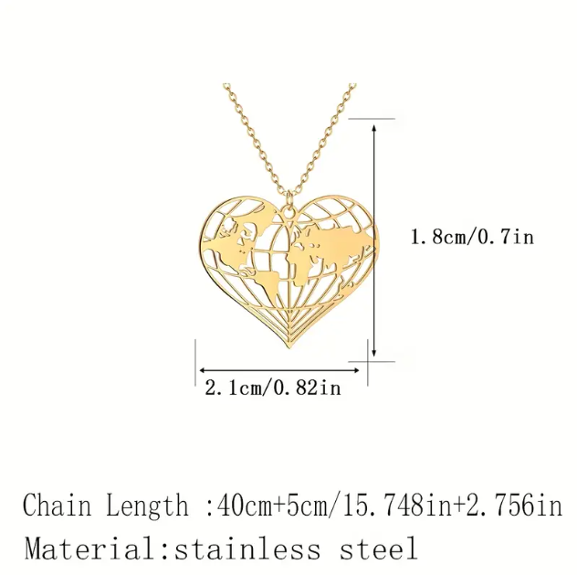 Embrace your love for travel with this exquisite Gold Plated Laser Cut World Globe Heart Pendant Necklace.