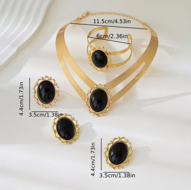 Make an unforgettable entrance with Mozzimo Jewelry’s 5 piece gold-plated black gemstone statement set, the ultimate in bold, elegant fashion.