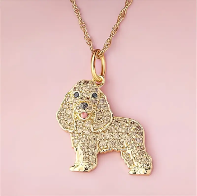 Celebrate your love for dogs with this Gold-Plated Rhinestone Cocker Spaniel Necklace – a sparkling, pet-inspired accessory perfect for gifts and everyday wear.