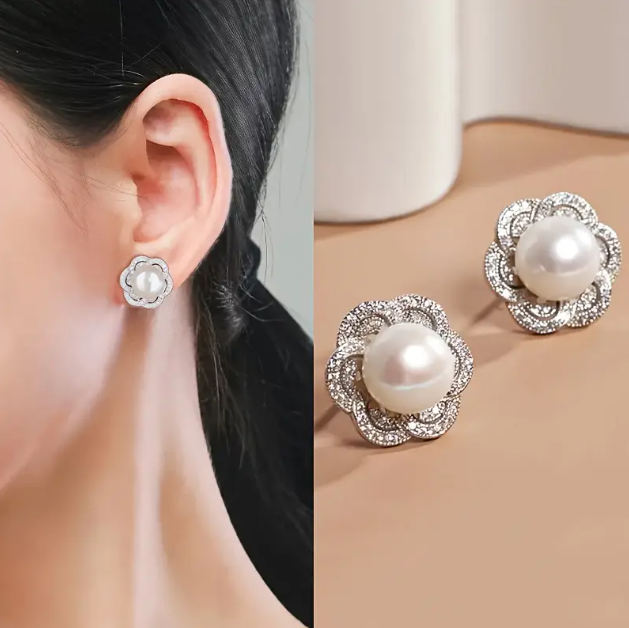 Enhance your look with Silver Cubic Zirconia Imitation Pearl Floral Bud Stud Earrings – elegant and timeless, perfect for any occasion or gifting.