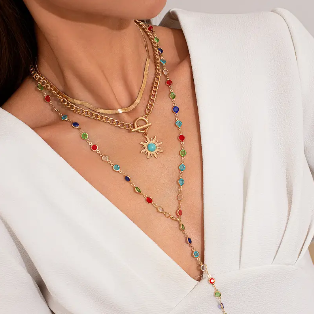 Shine bright with this gold plated sun pendant and colorful gemstone layered necklace set – perfect for radiant, boho-chic styling.