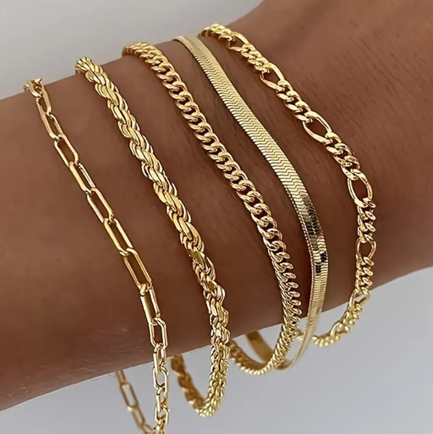 Elevate your style with Mozzimo Jewelry's 5 Piece Gold Plated Thin Chain Links Bracelet Set – perfect for layering, minimalism, and everyday elegance.