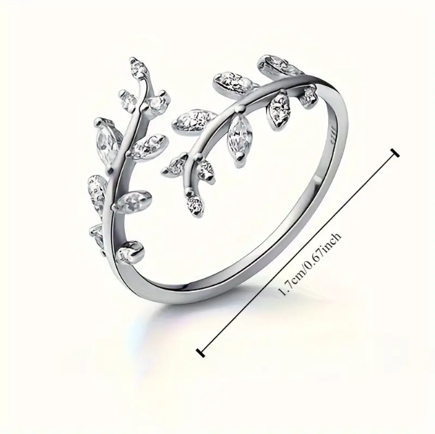 Nature-inspired sterling silver leaf ring with rhinestones – adjustable, elegant, and perfect for a minimalist sparkle statement.