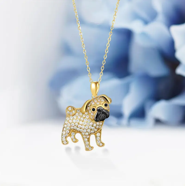 Discover Mozzimo Jewelry's charming gold-plated rhinestone pug pendant necklace—a delightful accessory for dog lovers everywhere.
