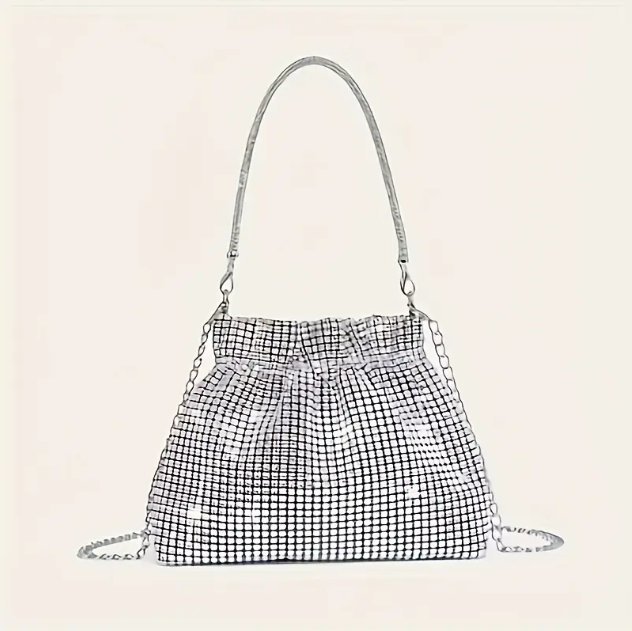 Shop the Sparkling Silver Rhinestone Drawstring Handle Crossbody Soft Bag at Mozzimo Jewelry—glamorous, trendy, and perfect for adding sparkle to any outfit!