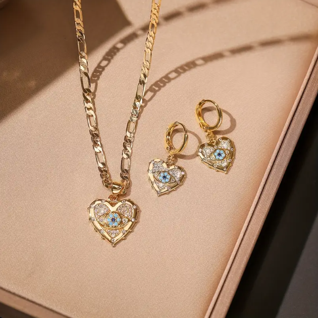 3 Piece Gold Rhinestone Evil Eye Heart Pendant Chain Necklace Mini Hoop Earrings Set