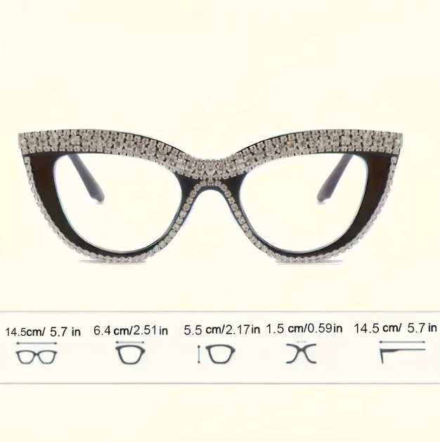 Turn heads while protecting your eyes with Mozzimo Jewelryβs transparent rhinestone cat eye blue light glasses.