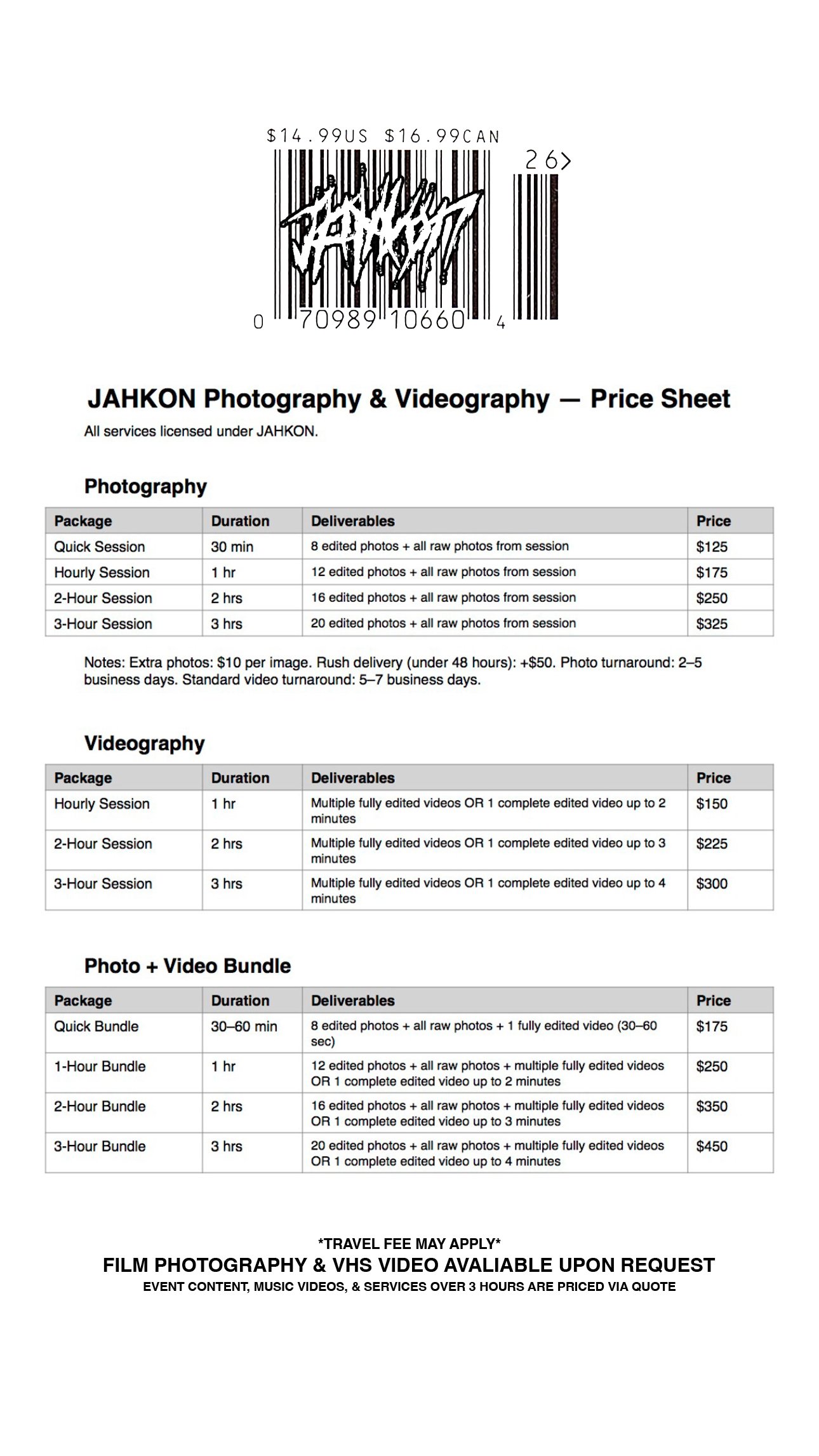 Pricing sheet for JAHKON Photography and Videography services, listing packages, durations, deliverables, and prices for photography, videography, and photo-video bundles.