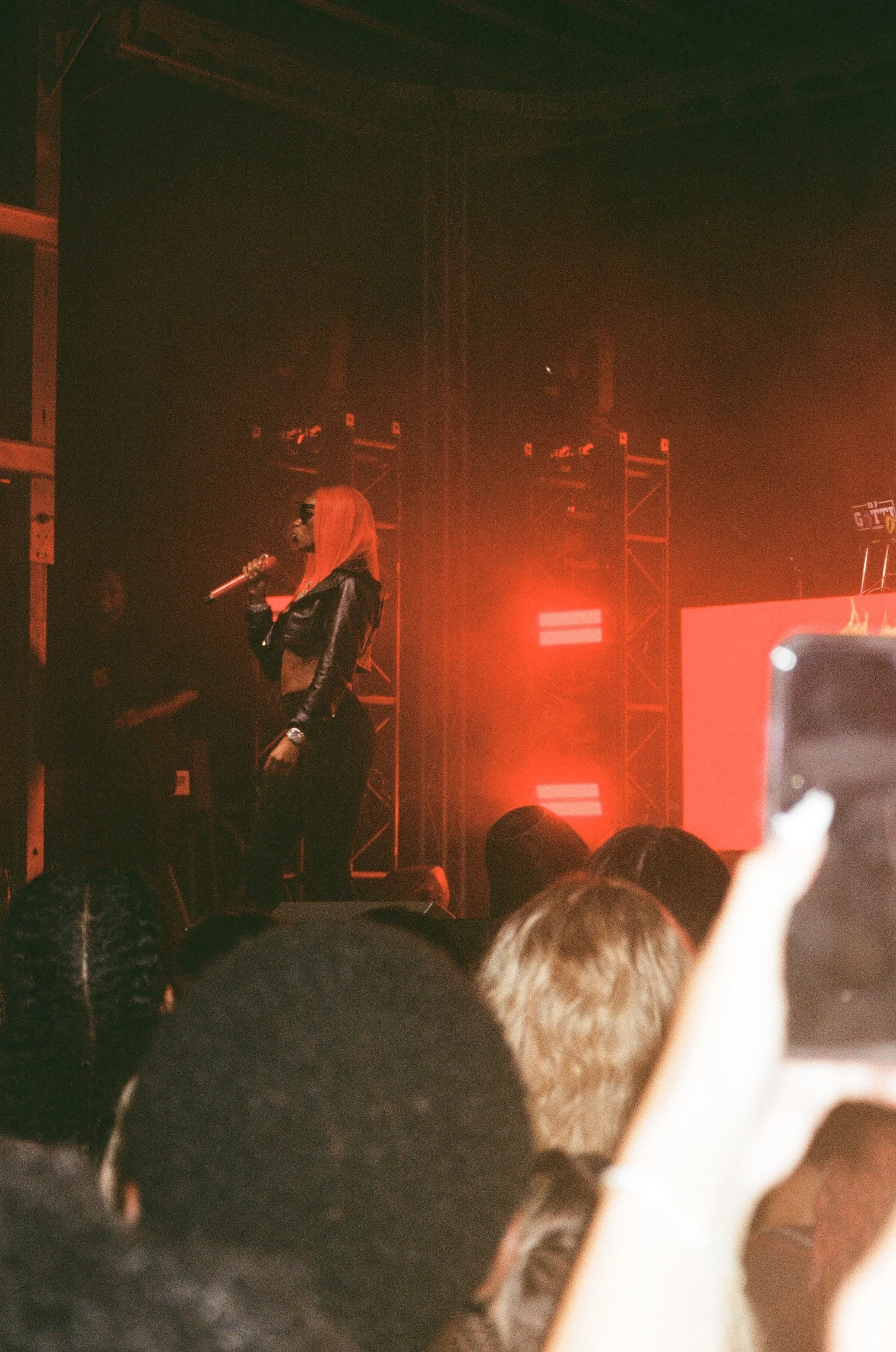 A singer with long pink hair and a black leather jacket performing on stage with red lighting, in front of a crowd.