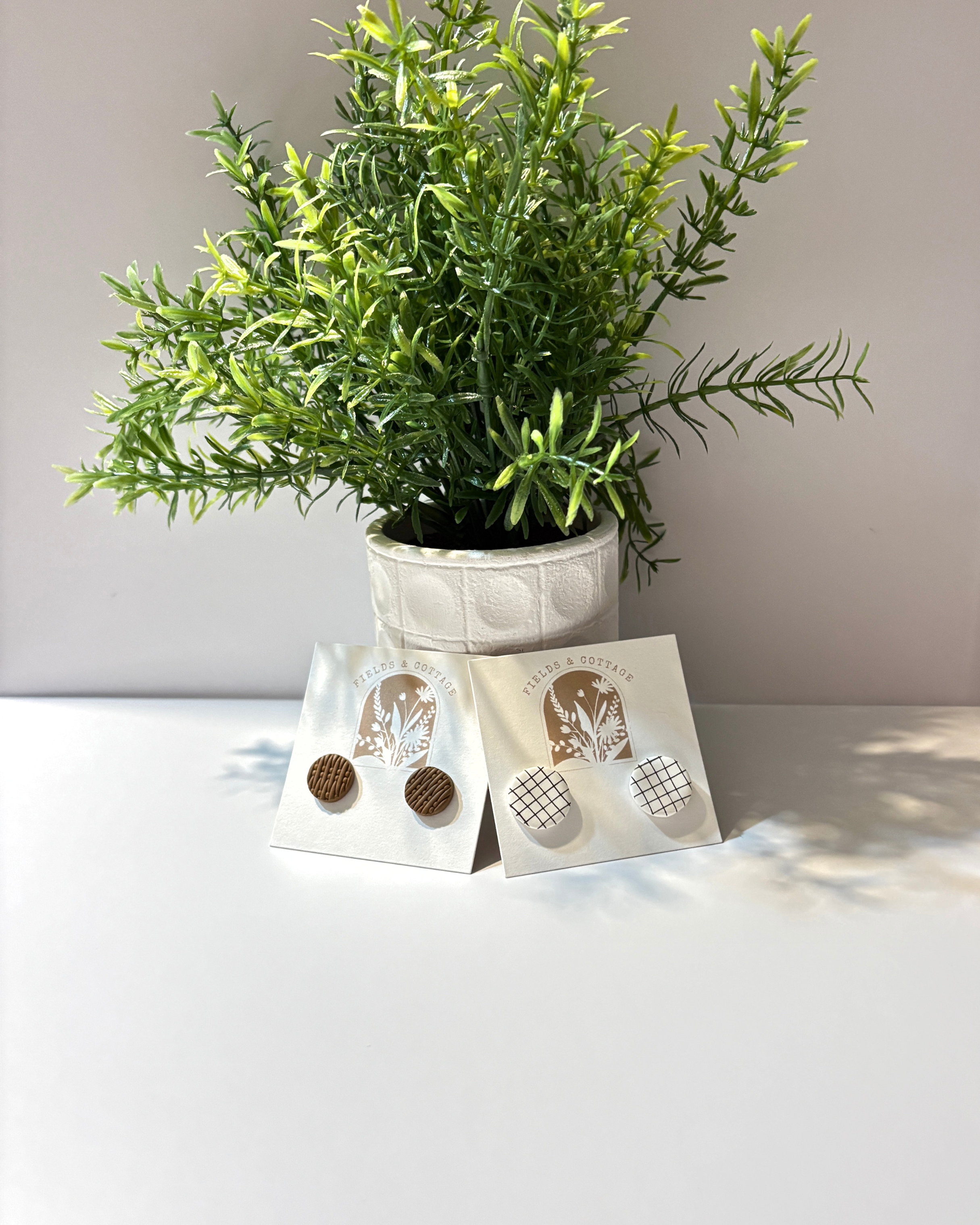 Green potted plant with long, narrow leaves on a white surface, two pairs of earrings with different patterns in front, and a white paper with a brown logo reading 'Fields & Cottage'.