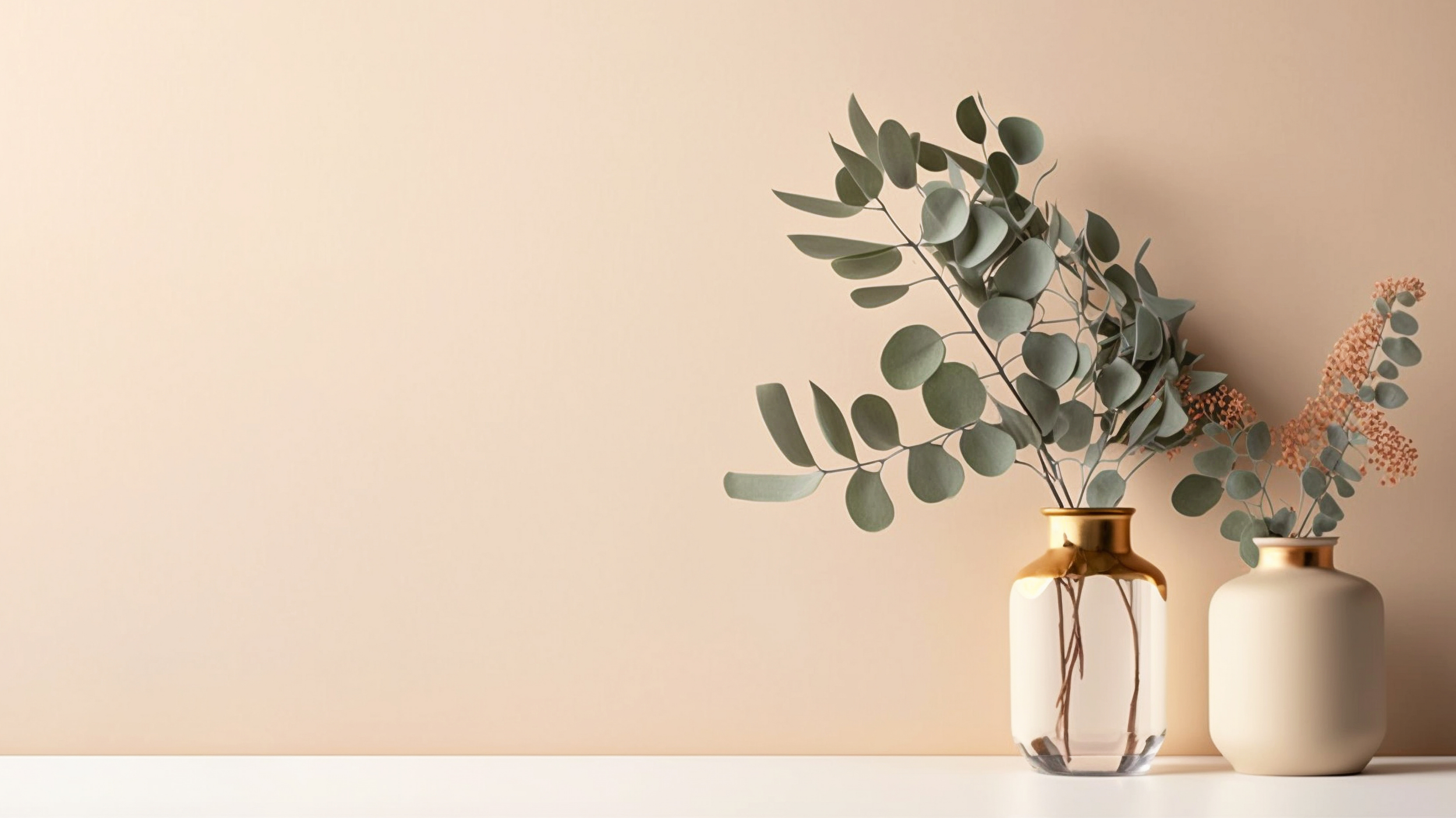 Two vases with eucalyptus and pink flowers on a white surface against a beige wall.