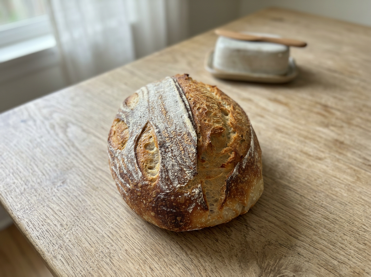 A round loaf of rustic bread with a crispy, golden crust and a dusting of flour on top, placed on a wooden table.