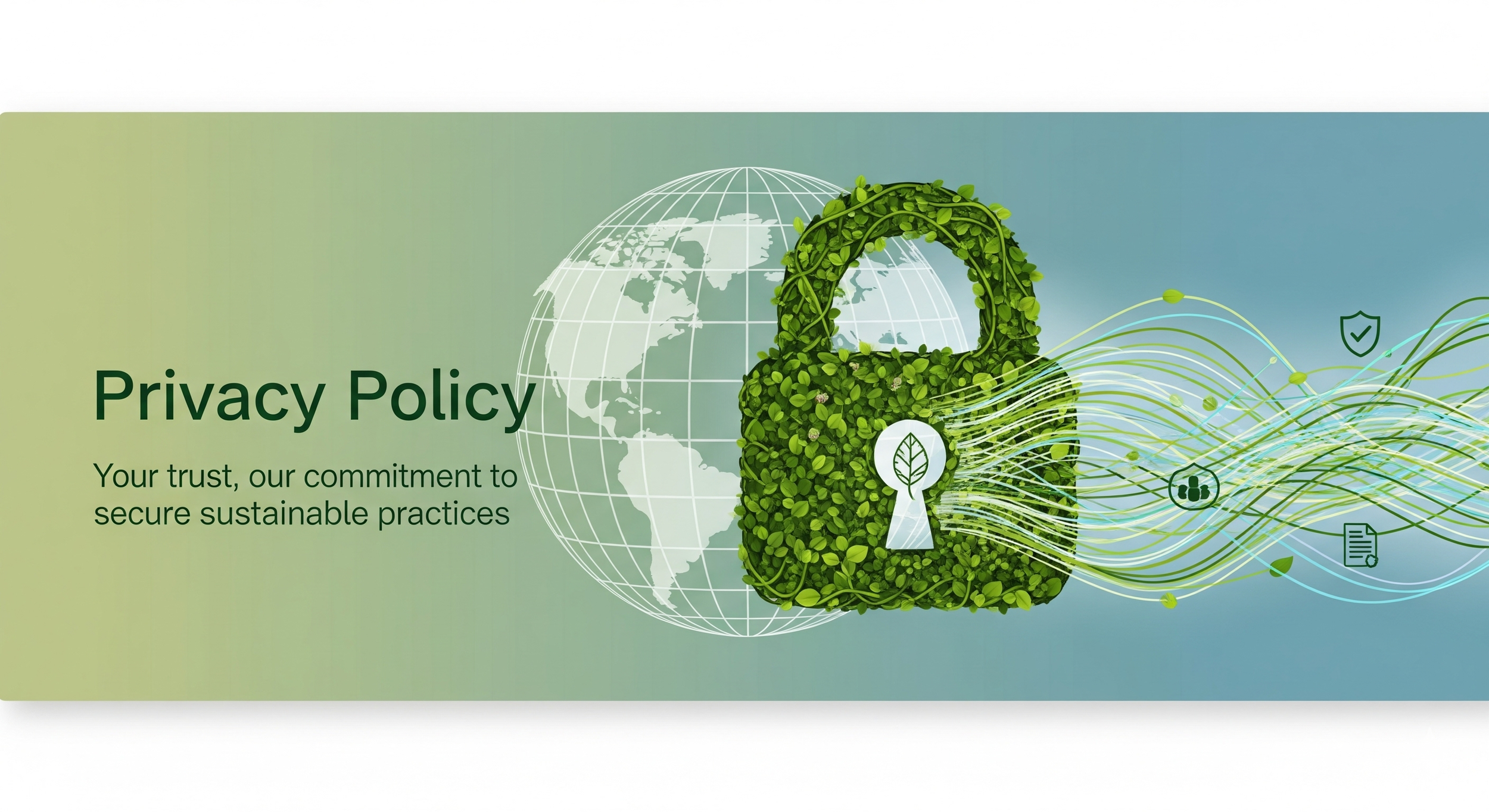 Illustration of a green digital lock made of foliage with world map and globe background, representing privacy policy and sustainable practices.