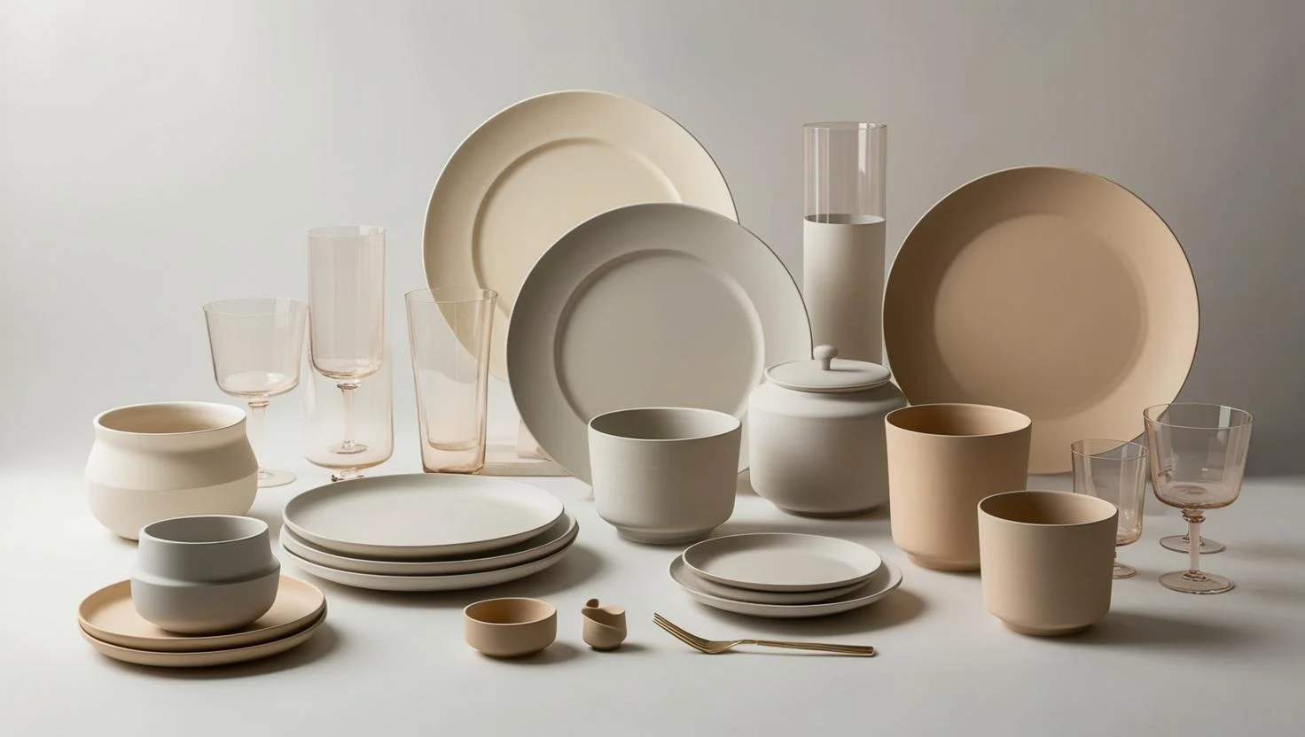 a photo-realistic image of a collection of soft-coloured plates and pots and glasses. the colour theme should be soft, the glassware should be clean looking, plain, white and beige coloured and plain designs  it should look very realistic a.jpg