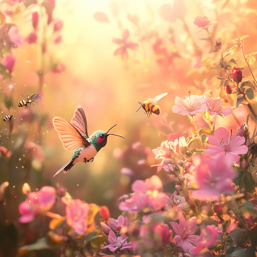 Kimages spring in dream surrounding with birds and bees