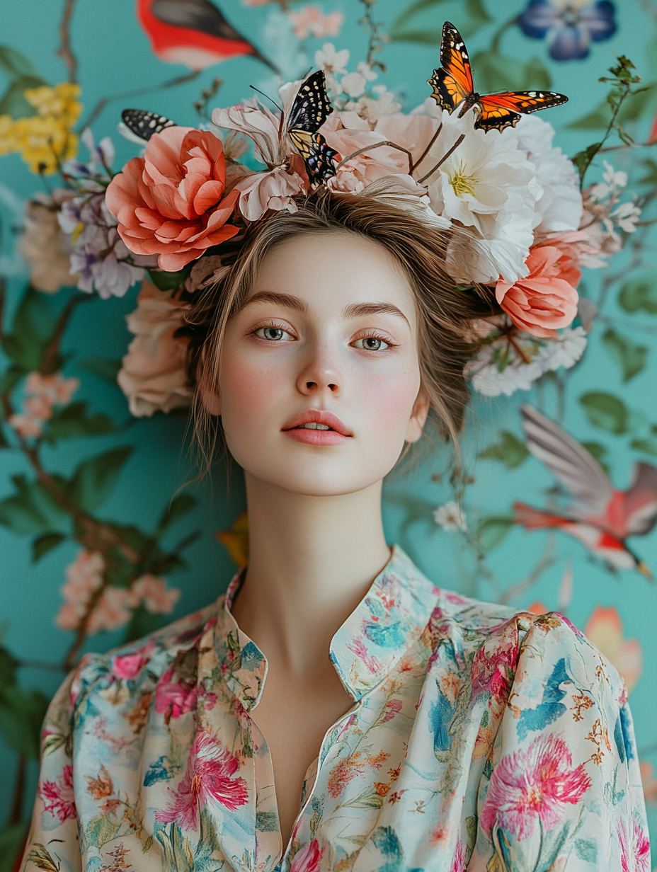 Kimages - ai image - Woman with floral headpiece and butterflies, wearing a floral dress, against a colorful floral and bird-patterned background.