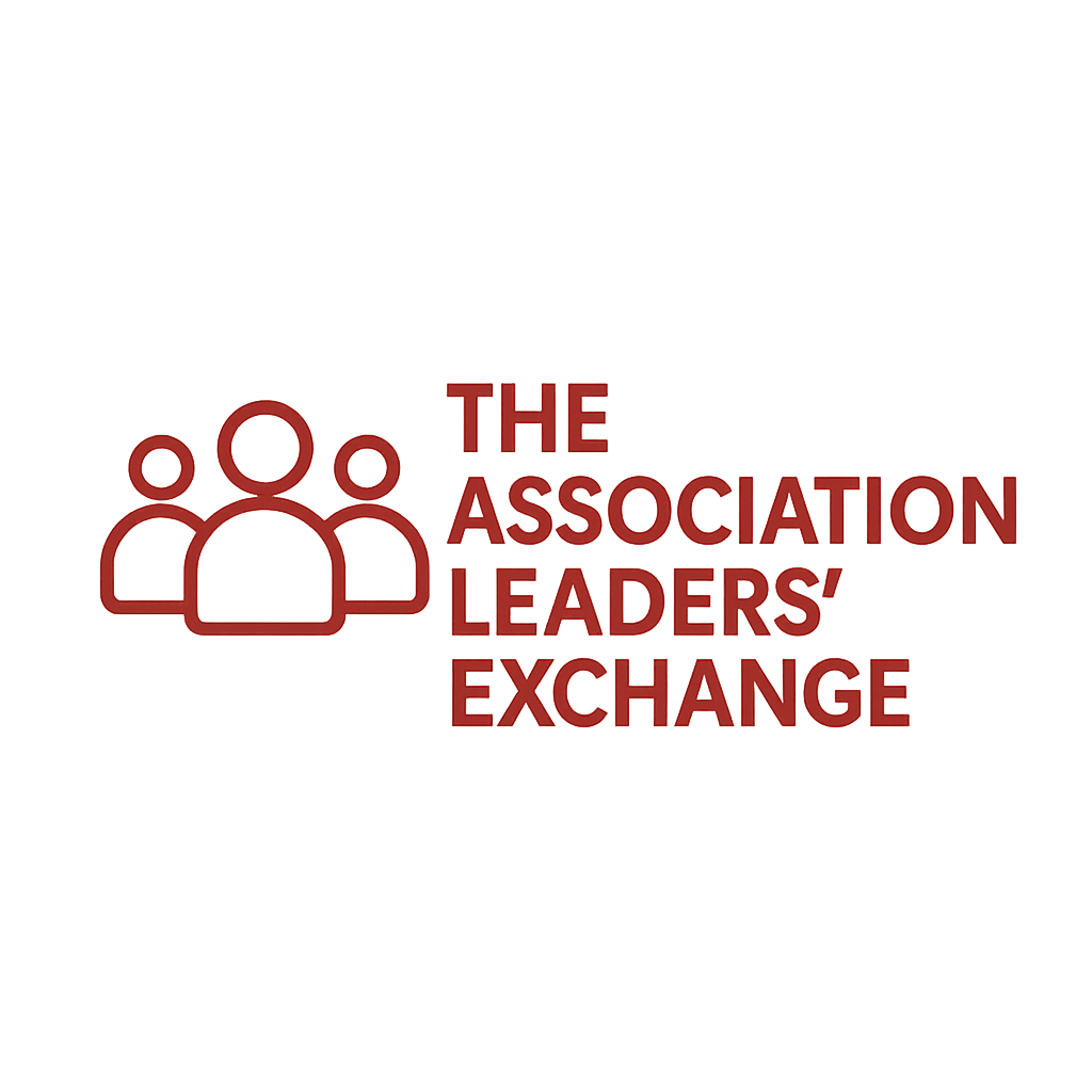 Logo with three human icons and text that reads "The Association Leaders' Exchange" in maroon color.