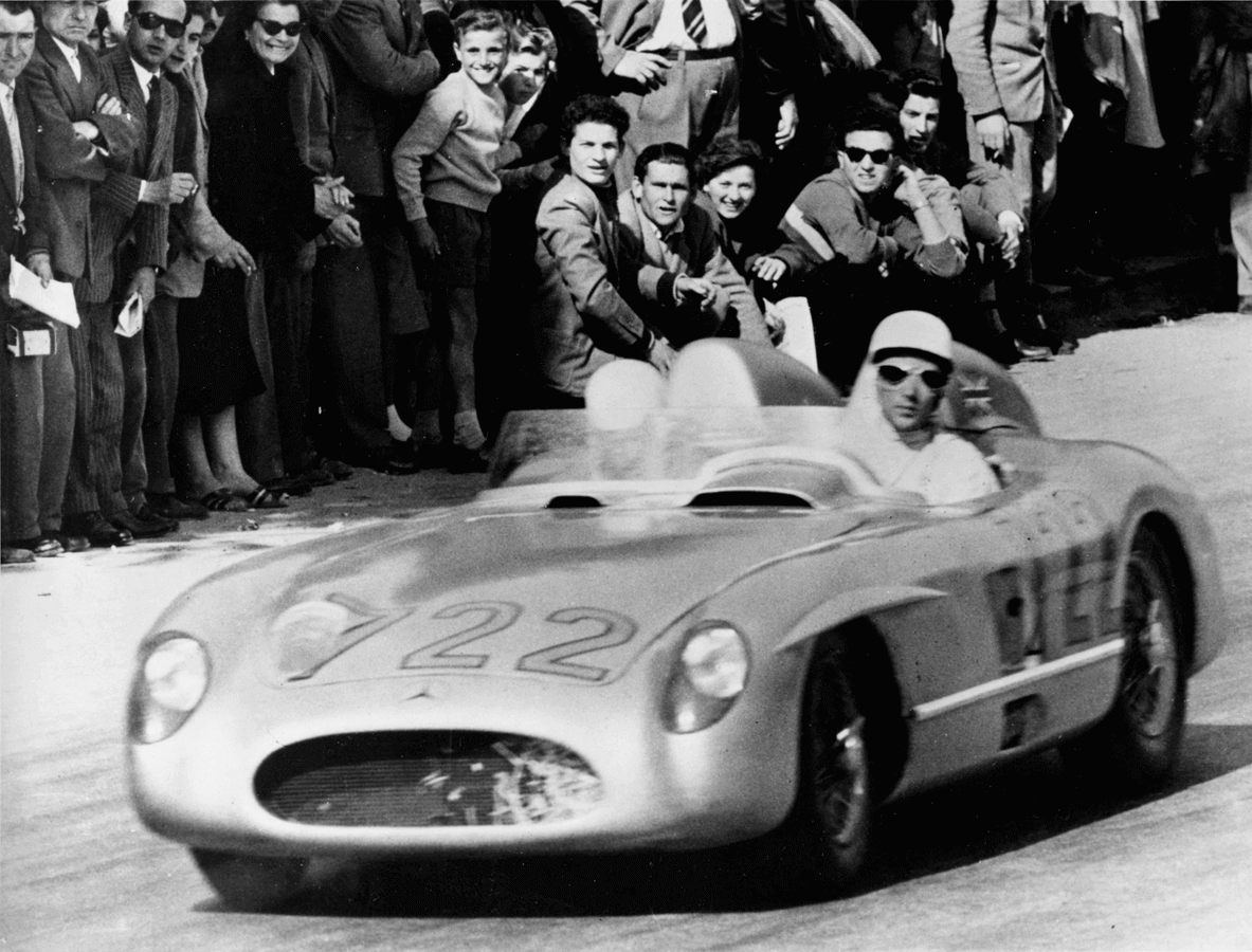 Stirling Moss winning the 1955 Mille Miglia in a Mercedes-Benz 300 SLR