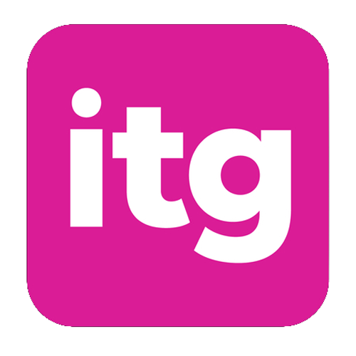 Pink square background with rounded edges displaying the white lowercase letters 'itg'