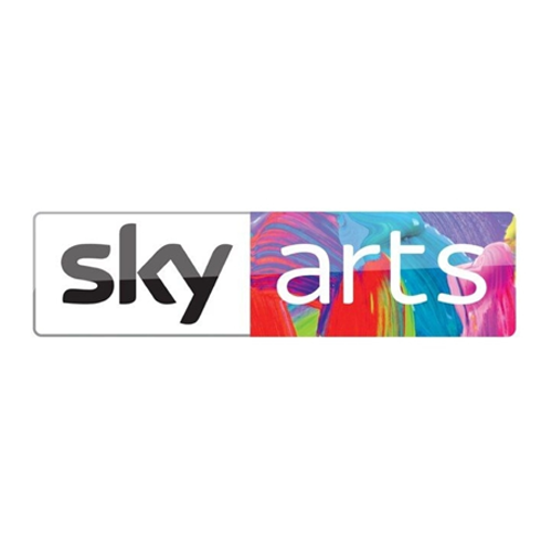 Sky Arts logo with a painted colorful background behind the text.