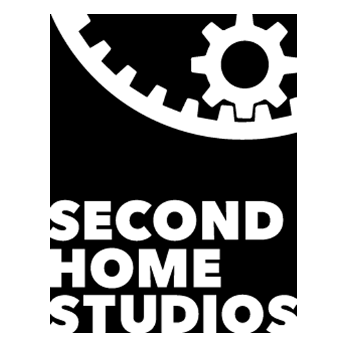 Black and white logo for Second Home Studios featuring gears and text.