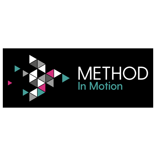 Logo for 'Method In Motion' with geometric triangle design in black, white, gray, pink, and teal on a black background.