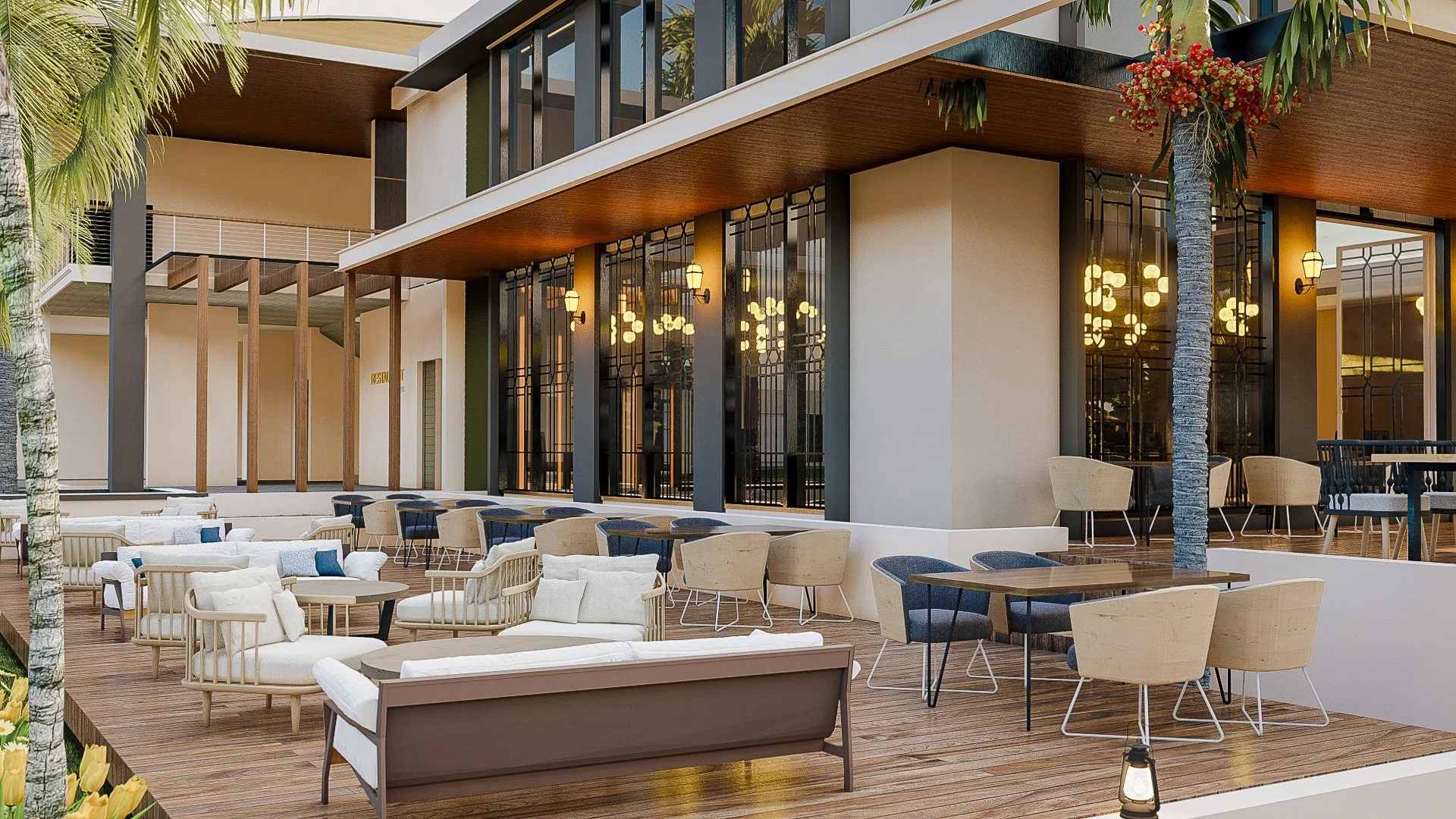 Outdoor seating area of a modern building with wooden flooring, sofas, chairs, tables, palm trees, and warm lighting inside.