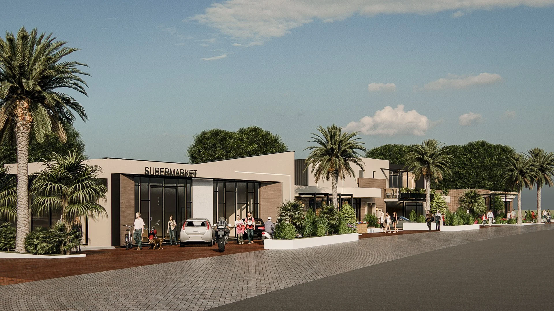 Rendering of a modern shopping center with a supermarket, outdoor seating, palm trees, and people walking and shopping.
