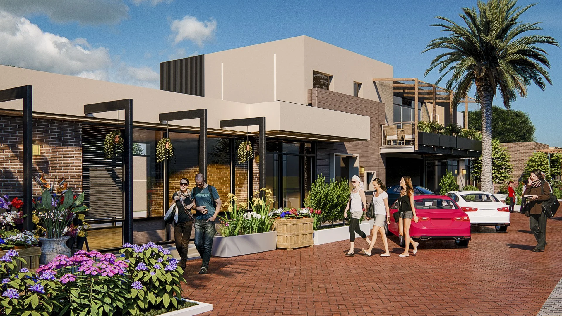 Modern multi-story residential building with large glass windows, brick and wood exterior, and balconies. People walking on a brick sidewalk, cars parked nearby, and a tall palm tree in the foreground under a blue sky with clouds.