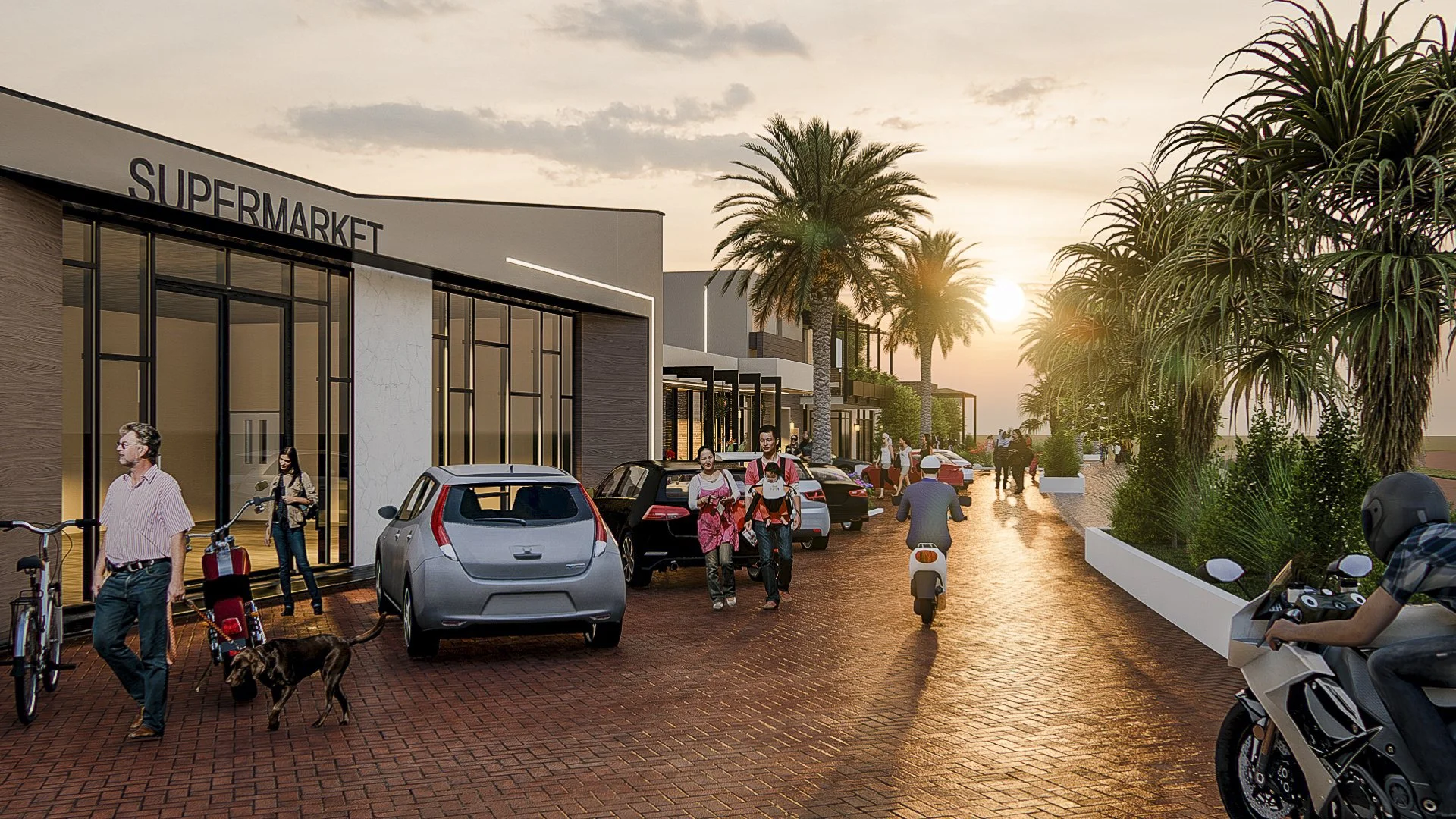 People walking and riding scooters outside a modern supermarket during sunset, with palm trees and parked cars.