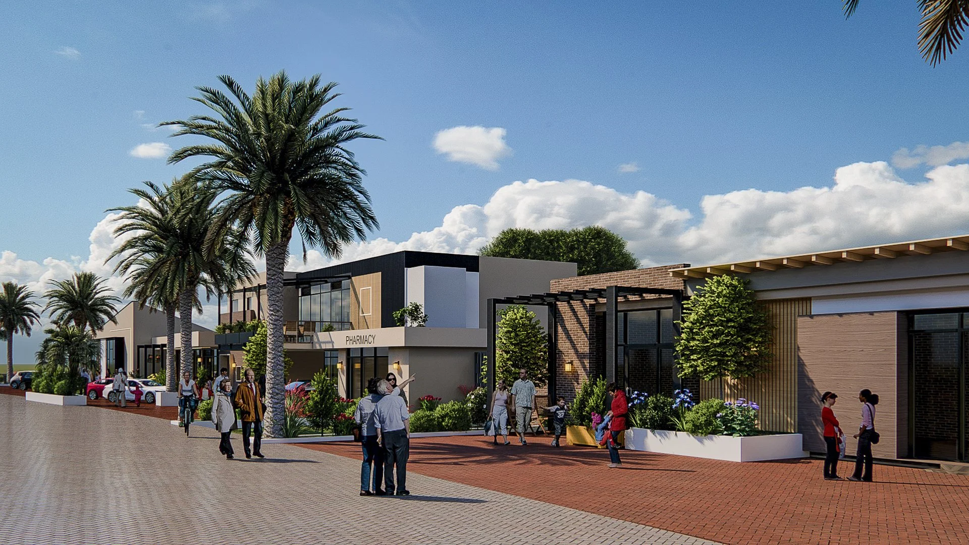 A modern shopping plaza with palm trees, people walking, and a pharmacy store, under a partly cloudy sky.