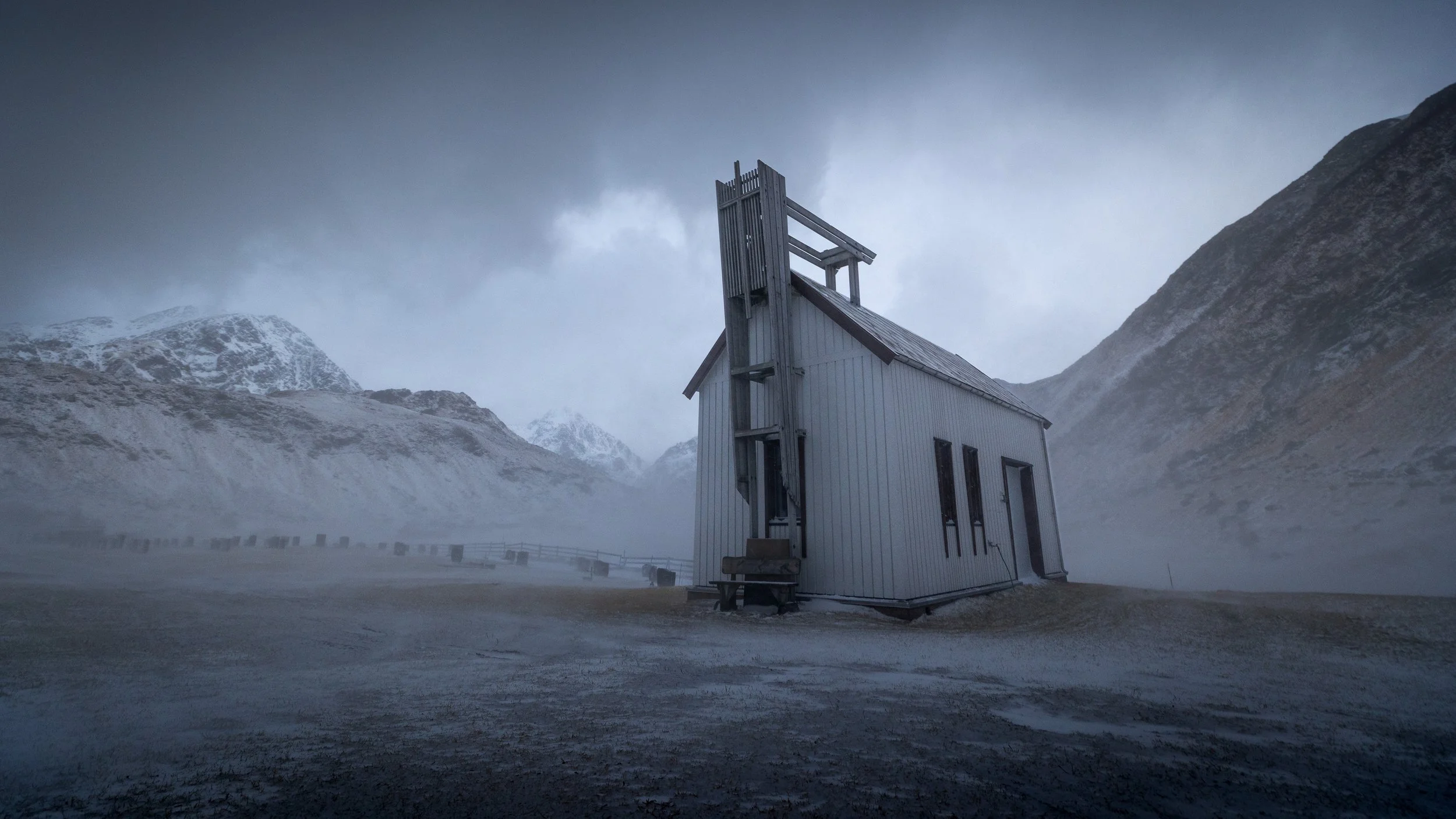 Vik chapel during a snow storm