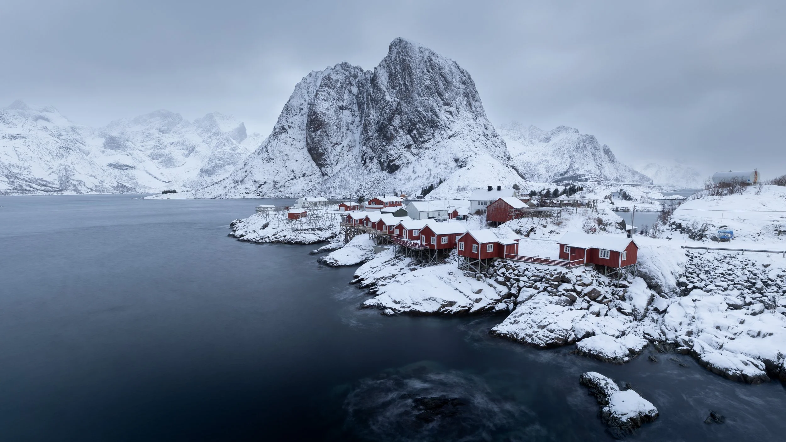 Snowy and moody afternoon in Hamnoy