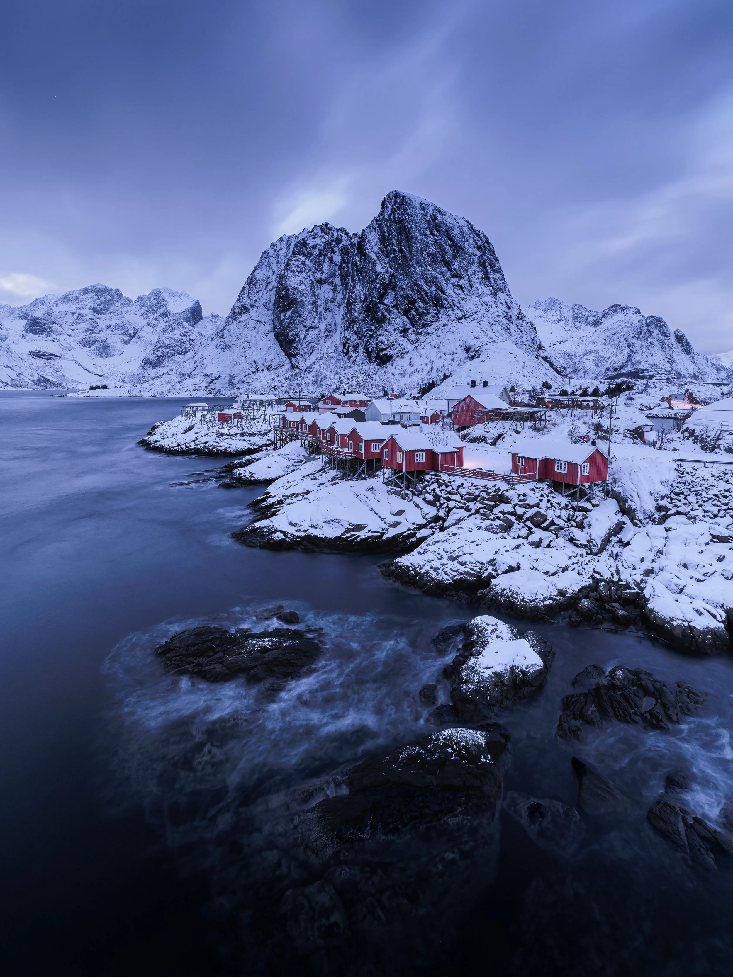 The iconic view in Hamnøy during a moody sunset in February