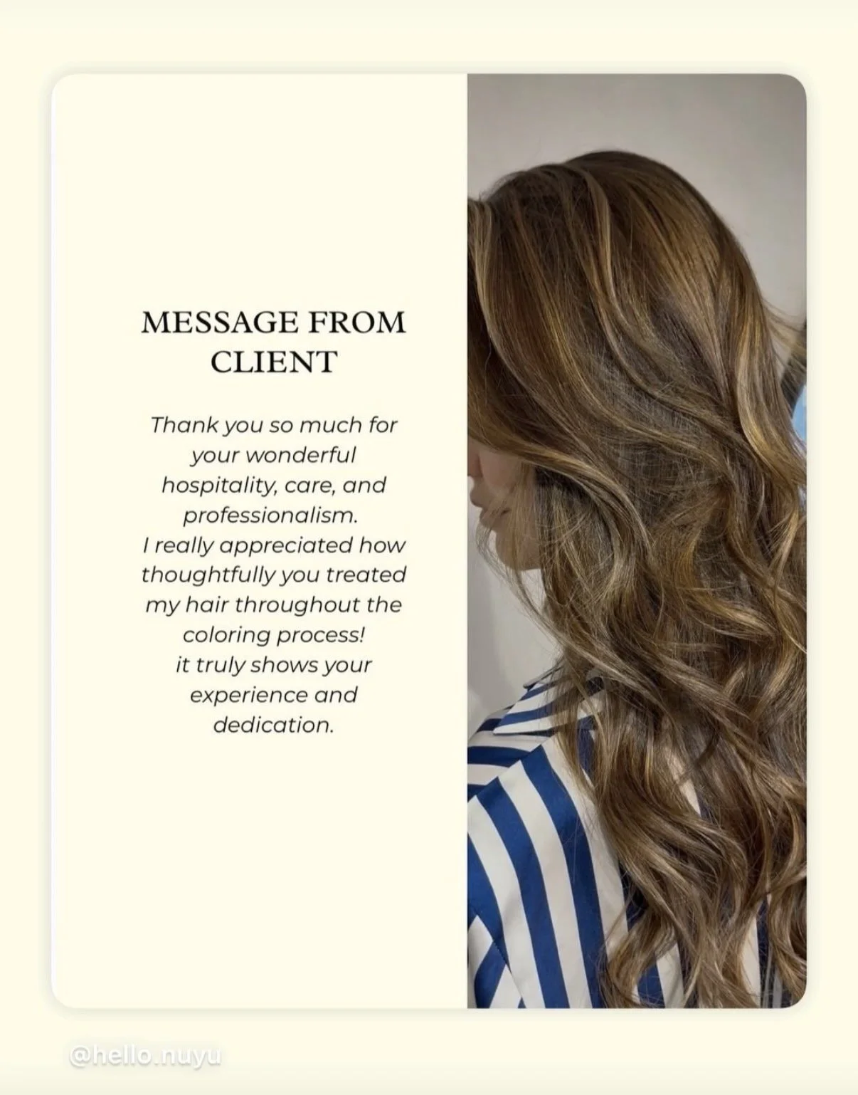 Profile view of a woman with blonde, wavy hair sitting in a salon chair wearing a black cape in a hair salon.