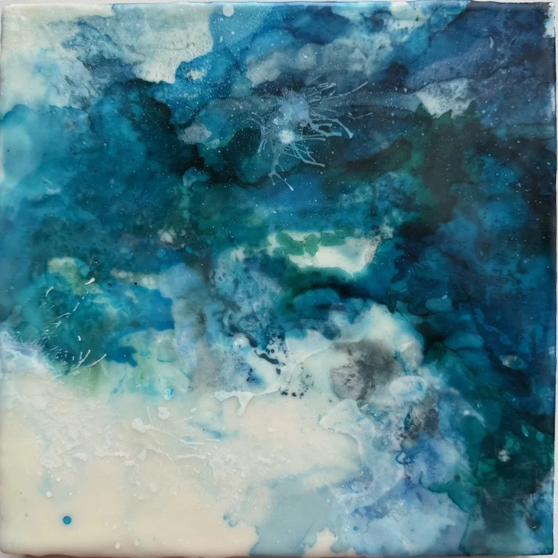 Moments suspended - C, Encaustic medium & Alcohol ink on board, 8"x 8" (24cm x 24cm framed) 