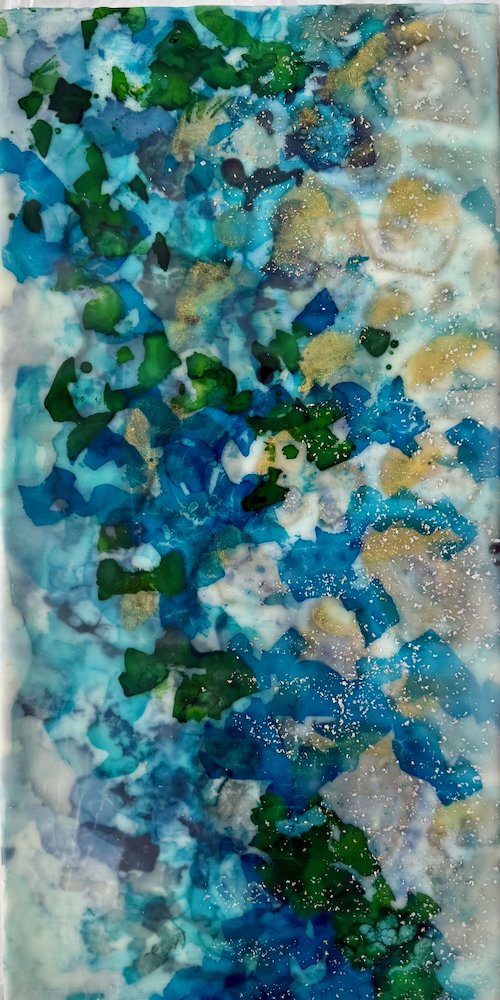 Dappled water I, Encaustic medium,  Alcohol ink and metal leaf on board, 20"x 10" (54cm x 29cm framed) 
