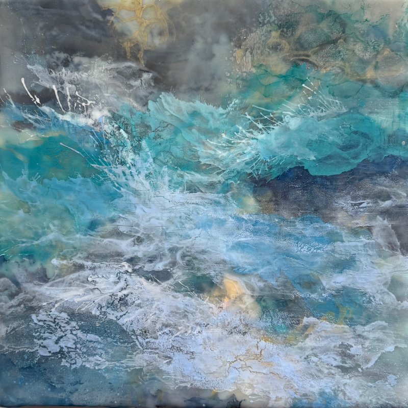Turbulent, Encaustic medium & Alcohol ink on board, 12"x 12" (34cm x 34cm framed) 🔴