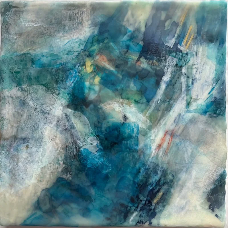 Moments suspended - P, Encaustic medium & Alcohol ink on board, 12"x 12" (34cm x 34cm framed) 