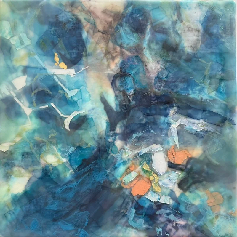Moments suspended - O, Encaustic medium & Alcohol ink on board, 12"x 12" (34cm x 34cm framed)  🔴
