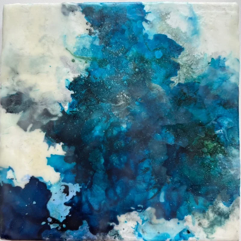 Moments suspended - A, Encaustic medium & Alcohol ink on board, 8"x 8" (24cm x 24cm framed)