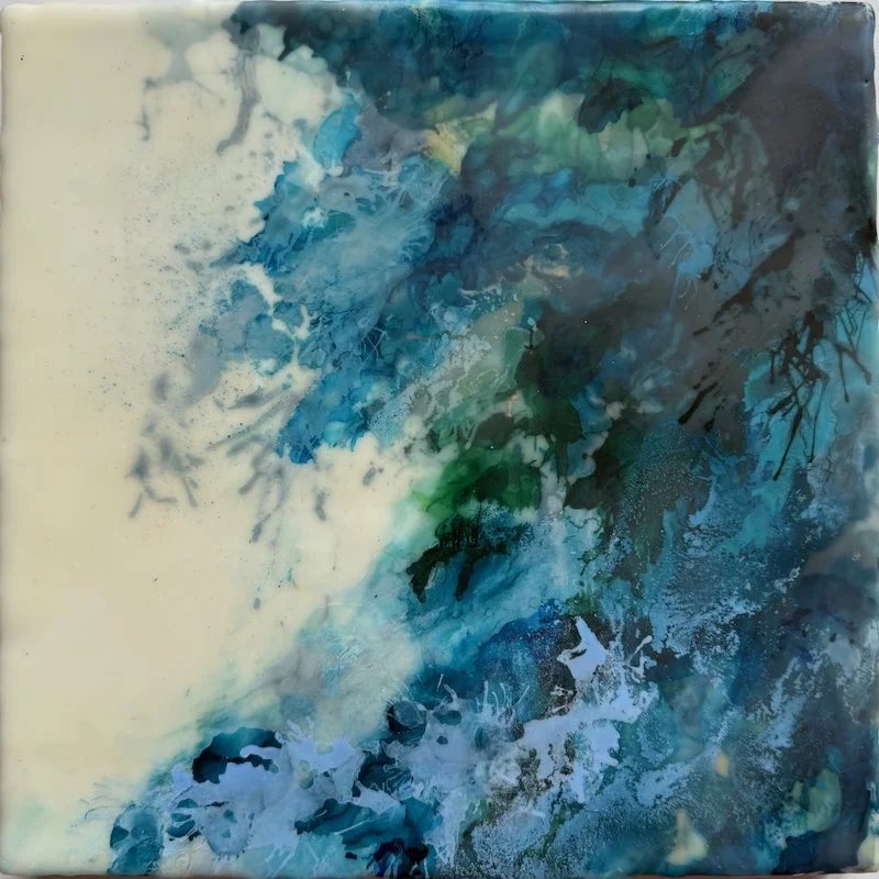Moments suspended - G, Encaustic medium & Alcohol ink on board, 10"x 10" (29cm x 29cm framed) 