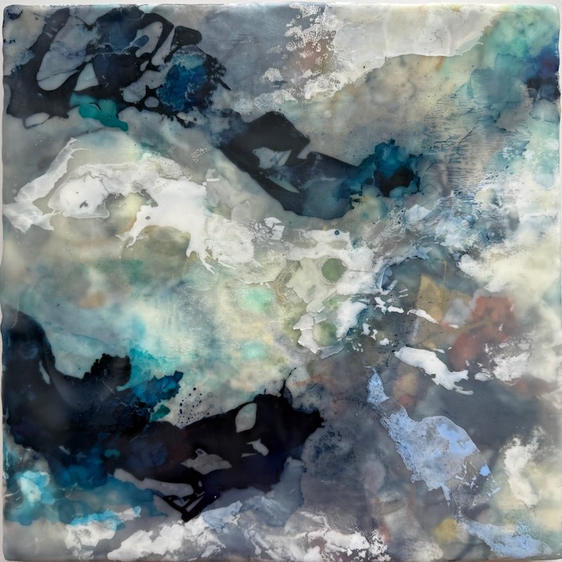 In depth, Encaustic medium & Alcohol ink on board, 12"x 12" (34cm x 34cm framed) 🔴