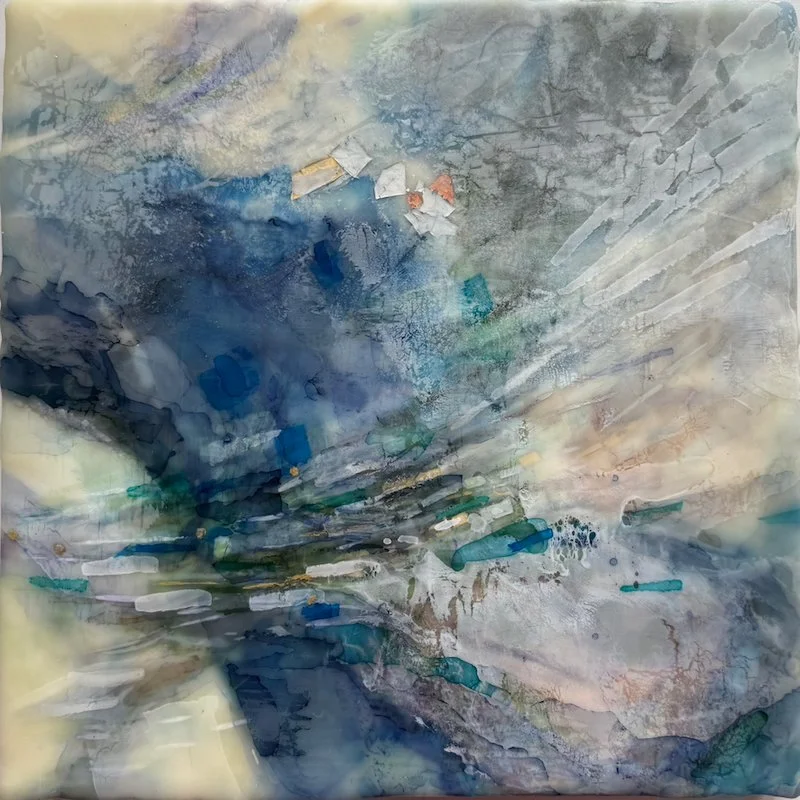 Ravine, Encaustic medium & Alcohol ink on board, 12"x 12" (34cm x 34cm framed) 🔴