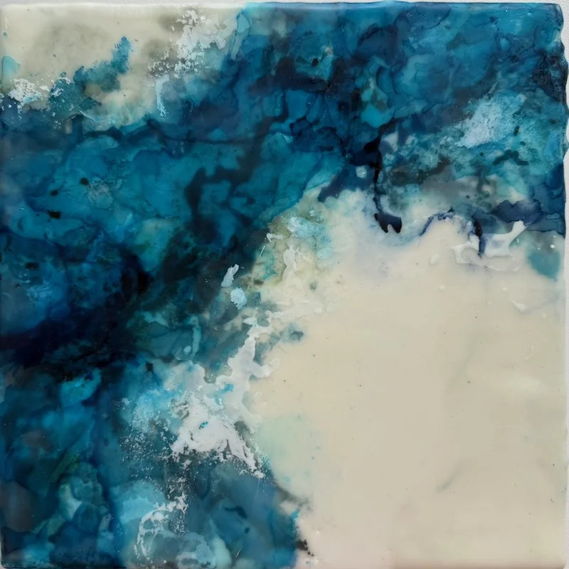 Moments suspended - D, Encaustic medium & Alcohol ink on board, 8"x 8" (24cm x 24cm framed) 