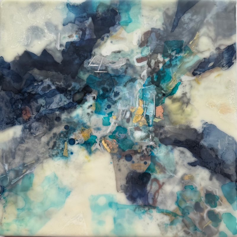 Moments suspended - J, Encaustic medium & Alcohol ink on board, 12"x 12" (34cm x 34cm framed)  🔴